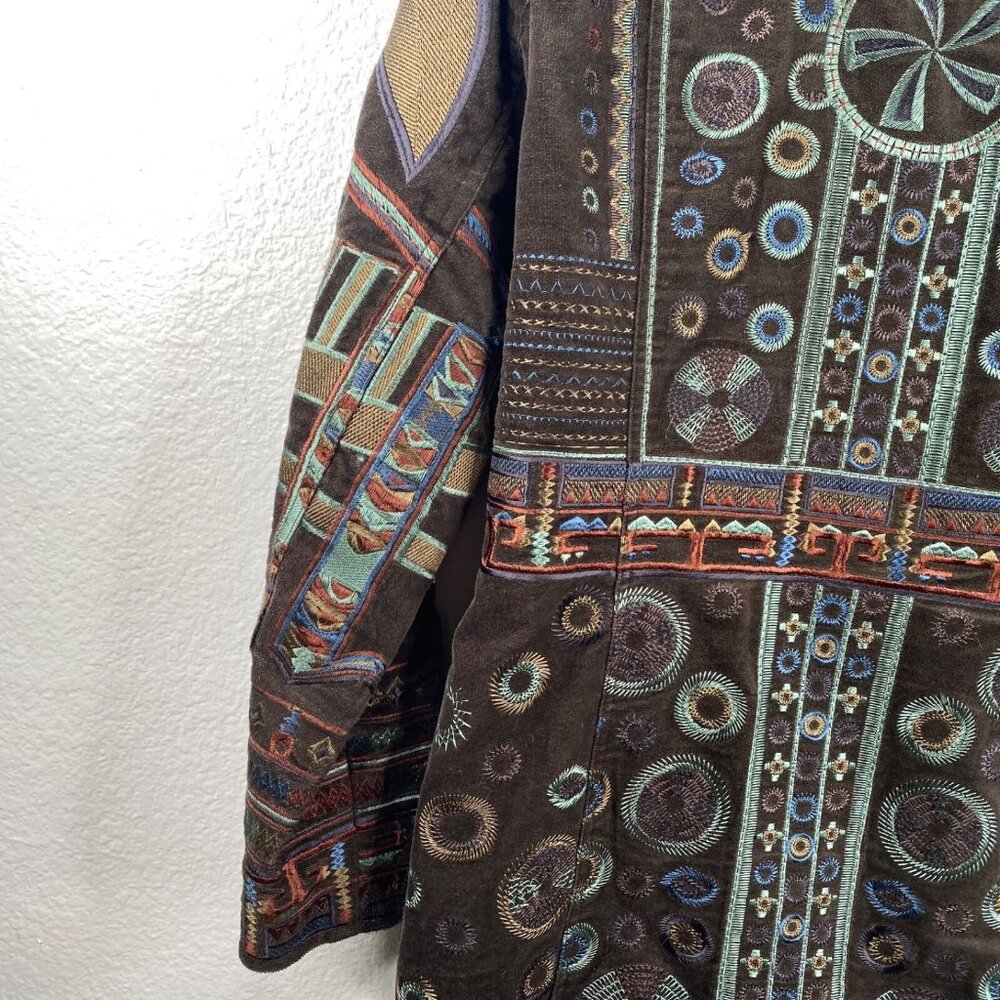 Pamela McCoy Coat Women's Brown Sz M Embroidered Studded Boho Ecletic Mid Length - Picture 14 of 16